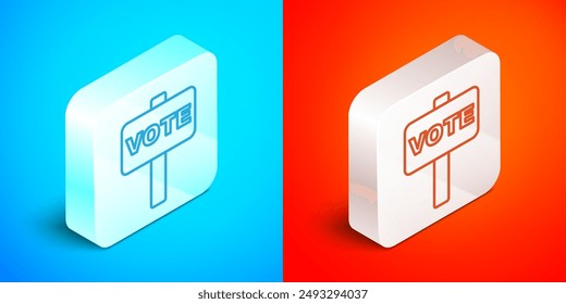 Isometric line Vote icon isolated on blue and red background. Silver square button. Vector