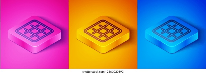 Isometric line Waffle icon isolated on pink and orange, blue background. Square button. Vector