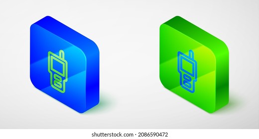 Isometric line Walkie talkie icon isolated grey background. Portable radio transmitter icon. Radio transceiver sign. Blue and green square button. Vector