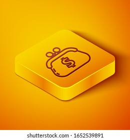 Isometric line Wallet with dollar symbol icon isolated on orange background. Purse icon. Cash savings symbol. Yellow square button. Vector Illustration