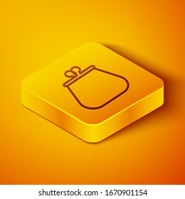 Isometric line Wallet icon isolated on orange background. Purse icon. Cash savings symbol. Yellow square button. Vector Illustration