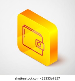 Isometric line Wallet icon isolated on grey background. Purse icon. Cash savings symbol. Yellow square button. Vector Illustration