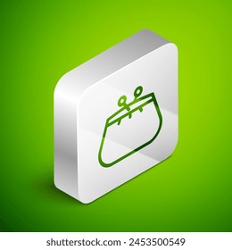 Icono de cartera de línea isométrica aislado sobre fondo verde. Icono de monedero. Símbolo de ahorro de efectivo. Botón cuadrado plateado. Ilustración vectorial