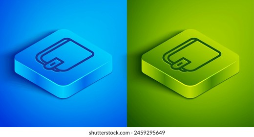 Isometric line Wallet icon isolated on blue and green background. Purse icon. Cash savings symbol. Square button. Vector