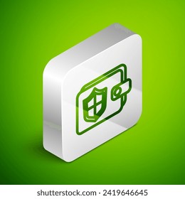 Isometric line Wallet and money with shield icon isolated on green background. Insurance concept. Security, safety, protection, protect concept. Silver square button. Vector