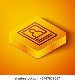 Isometric line Wanted poster icon isolated on orange background. Reward money. Dead or alive crime outlaw. Yellow square button. Vector