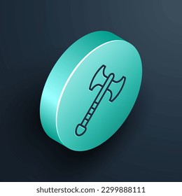 Isometrische Linie War ax Symbol einzeln auf schwarzem Hintergrund. Schlacht Axt, Scharfrichter Axt. Mittelalterliche Waffe. Türkisfarbener Kreis-Knopf. Vektorgrafik