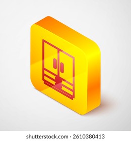 Isometric line Wardrobe icon isolated on grey background. Yellow square button. Vector