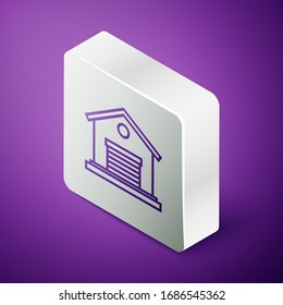 Isometric line Warehouse icon isolated on purple background. Silver square button. Vector Illustration