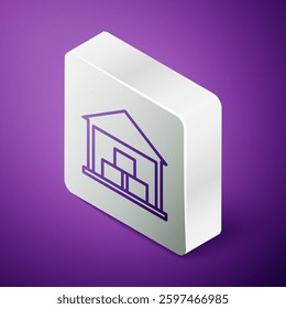 Isometric line Warehouse icon isolated on purple background. Silver square button. Vector Illustration
