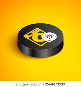 Isometric line Washer and gear icon isolated on yellow background. Adjusting app, service concept, setting options, maintenance, repair, fixing. Black circle button. Vector