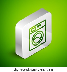 Isometric line Washer icon aislado en el fondo verde. Icono de lavadora. Lavadora de ropa - lavadora. Símbolo del dispositivo residencial. Botón cuadrado plateado. Vector
