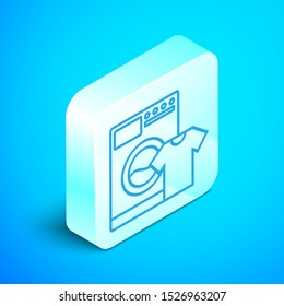 Isometric line Washer and t-shirt icon isolated on blue background. Washing machine icon. Clothes washer, laundry machine. Home appliance symbol. Silver square button. Vector Illustration
