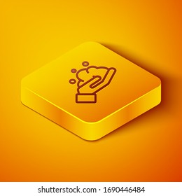 Isometric line Washing hands with soap icon isolated on orange background. Washing hands with soap to prevent virus and bacteria. Yellow square button. Vector Illustration