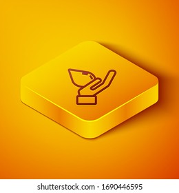 Línea isométrica Lavando manos con un icono de jabón aislado en el fondo naranja. Lavarse las manos con jabón para prevenir virus y bacterias. Botón cuadrado amarillo. Ilustración vectorial