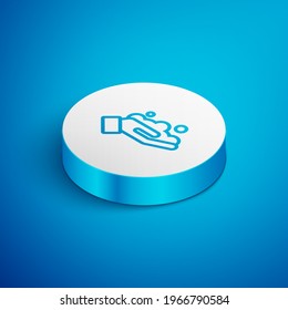 Isometric line Washing hands with soap icon isolated on blue background. Washing hands with soap to prevent virus and bacteria. White circle button. Vector Illustration