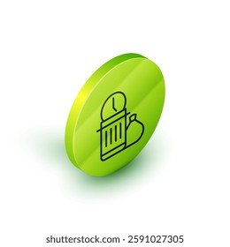 Isometric line Waste of time icon isolated on white background. Trash can. Garbage bin sign. Recycle basket icon. Office trash icon. Green circle button. Vector