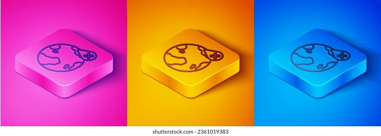 Isometric line Water drop percentage icon isolated on pink and orange, blue background. Humidity analysis. Square button. Vector