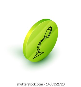 Isometric line Watering can with water icon isolated on white background. Watering a sprout. Irrigation symbol. Green circle button. Vector Illustration