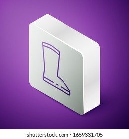 Isometric line Waterproof rubber boot icon isolated on purple background. Gumboots for rainy weather, fishing, gardening. Silver square button. Vector Illustration