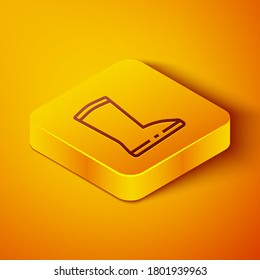 Isometric line Waterproof rubber boot icon isolated on orange background. Gumboots for rainy weather, fishing, gardening. Yellow square button. Vector Illustration