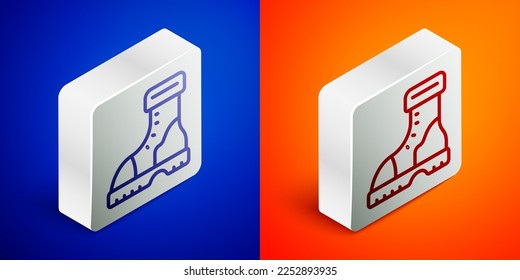 Línea isométrica Icono de funda de goma impermeable aislado en fondo azul y naranja. Botas para el tiempo lluvioso, pesca, jardinería. Botón cuadrado plateado. Vector