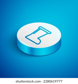 Línea isométrica Icono de arranque de goma impermeable aislado en fondo azul. Botas para el tiempo lluvioso, pesca, jardinería. Botón Círculo blanco. Vector