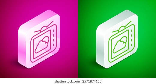 Isometric line Weather forecast icon isolated on pink and green background. Silver square button. Vector