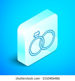 Isometric line Wedding rings icon isolated on blue background. Bride and groom jewelery sign. Marriage icon. Diamond ring icon. Silver square button. Vector Illustration