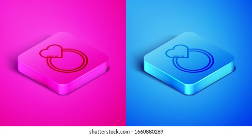 Isometrische Linie Hochzeitsringe Symbol einzeln auf rosafarbenem und blauem Hintergrund. Schmuckzeichen von Braut und Bräutigam. Heiratssymbol. Diamantring. Knopf Quadrat. Vektorillustration-Illustration