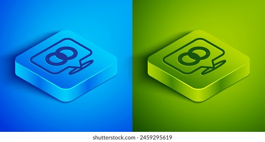 Isometric line Wedding rings icon isolated on blue and green background. Bride and groom jewelry sign. Marriage symbol. Diamond ring. Square button. Vector