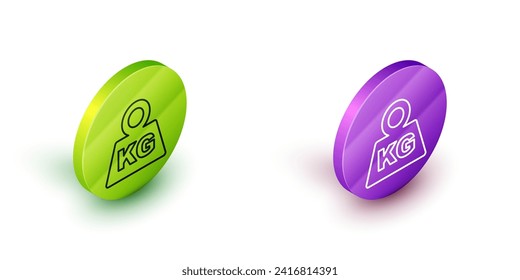 Isometric line Weight icon isolated on white background. Kilogram weight block for weight lifting and scale. Mass symbol. Green and purple circle buttons. Vector