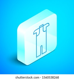 Isometric line Wetsuit for scuba diving icon isolated on blue background. Diving underwater equipment. Silver square button. Vector Illustration