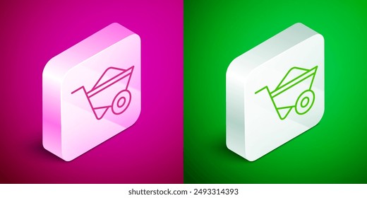 Isometric line Wheelbarrow icon isolated on pink and green background. Tool equipment. Agriculture cart wheel farm. Silver square button. Vector