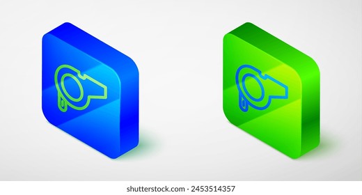 Isometric line Whistle icon isolated grey background. Referee symbol. Fitness and sport sign. Blue and green square button. Vector