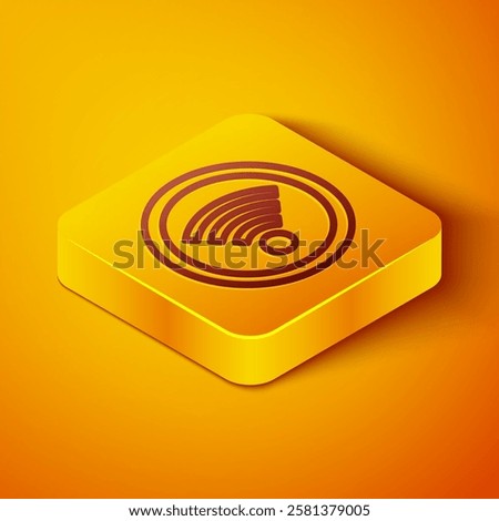 Isometric line Wi-Fi wireless internet network symbol icon isolated on orange background. Yellow square button. Vector