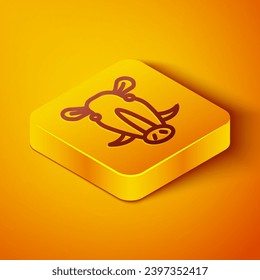 Isometric line Wild boar head icon isolated on orange background. Animal symbol. Yellow square button. Vector