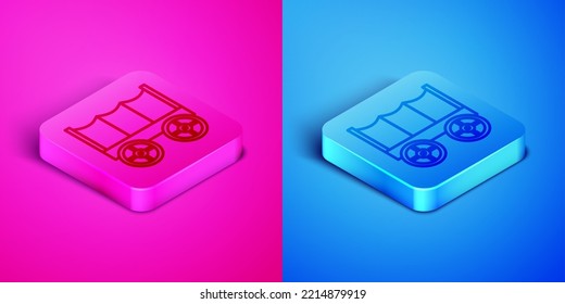 Isometric line Wild west covered wagon icon isolated on pink and blue background. Square button. Vector