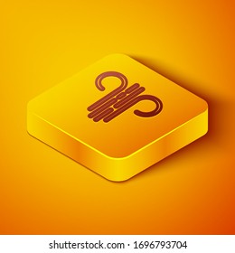 Isometric line Wind icon isolated on orange background. Windy weather. Yellow square button. Vector Illustration