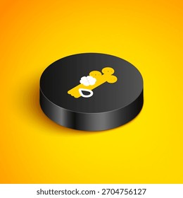 Línea isométrica Viento y lluvia con icono de nieve aislado sobre fondo amarillo. Clima ventoso. Botón de círculo negro. Vector