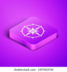 Isometric line Wind rose icon isolated on purple background. Compass icon for travel. Navigation design. Purple square button. Vector Illustration