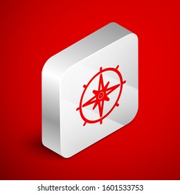 Isometric line Wind rose icon isolated on red background. Compass icon for travel. Navigation design. Silver square button. Vector Illustration
