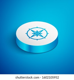 Isometric line Wind rose icon isolated on blue background. Compass icon for travel. Navigation design. White circle button. Vector Illustration