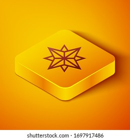 Línea isométrica Icono de rosa del viento aislado en fondo naranja. Icono de brújula para viajes. Diseño de navegación. Botón cuadrado amarillo. Ilustración vectorial