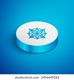 Isometric line Wind rose icon isolated on blue background. Compass icon for travel. Navigation design. White circle button. Vector Illustration