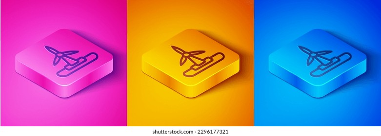 Isometric line Wind turbine icon isolated on pink and orange, blue background. Wind generator sign. Windmill for electric power production. Square button. Vector