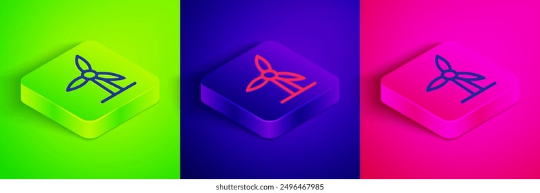 Isometric line Wind turbine icon isolated on green, blue and pink background. Wind generator sign. Windmill for electric power production. Square button. Vector