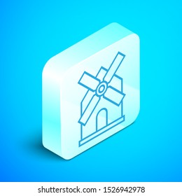 Isometric line Windmill icon isolated on blue background. Silver square button. Vector Illustration