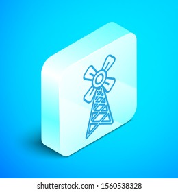 Isometric line Windmill icon isolated on blue background. Silver square button. Vector Illustration