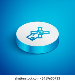 Isometric line Windmill icon isolated on blue background. White circle button. Vector